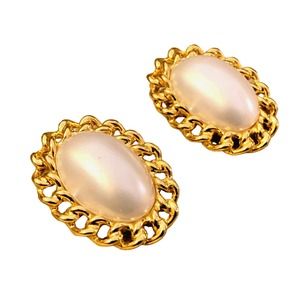 VTG Paolo Gucci Earrings Oversize Pearl Cabochon with Gold Accent - Estate Piece